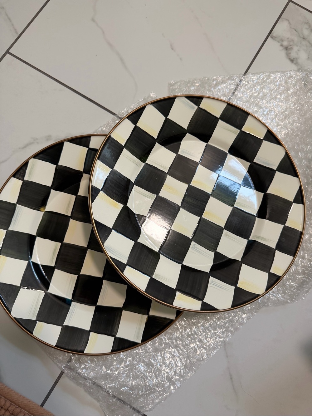 Mackenzie Childs Checkerboard enamel Dinner Plates - Black & Cream Set of 2